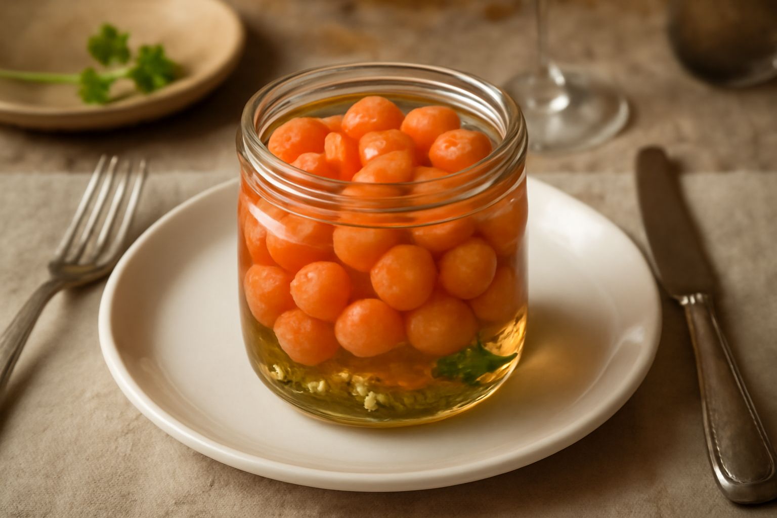 Vasetto di vetro con uova di riccio di colore arancione-rosato immerse in olio trasparente, chiuso con coperchio, su superficie di legno con erbe secche accanto