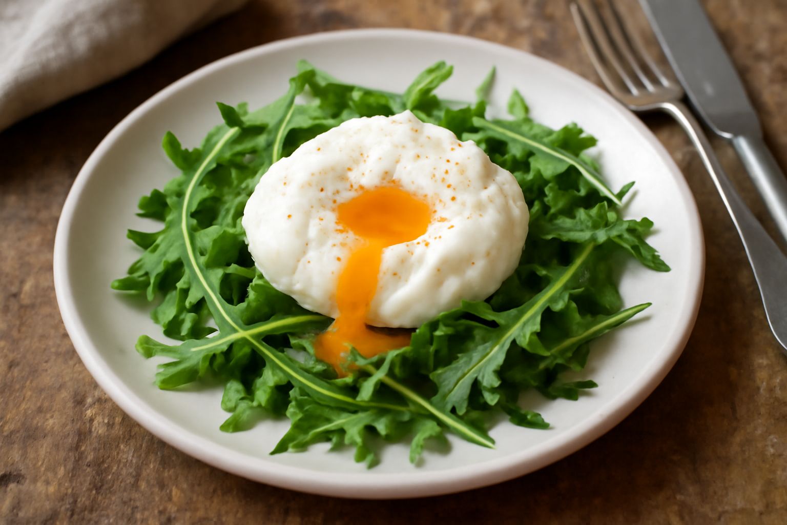Un uovo in camicia poggiato su una fetta di pane tostato, con il tuorlo dorato visibile dentro l'albume bianco leggermente traslucido, accompagnato da rucola verde e sale marino