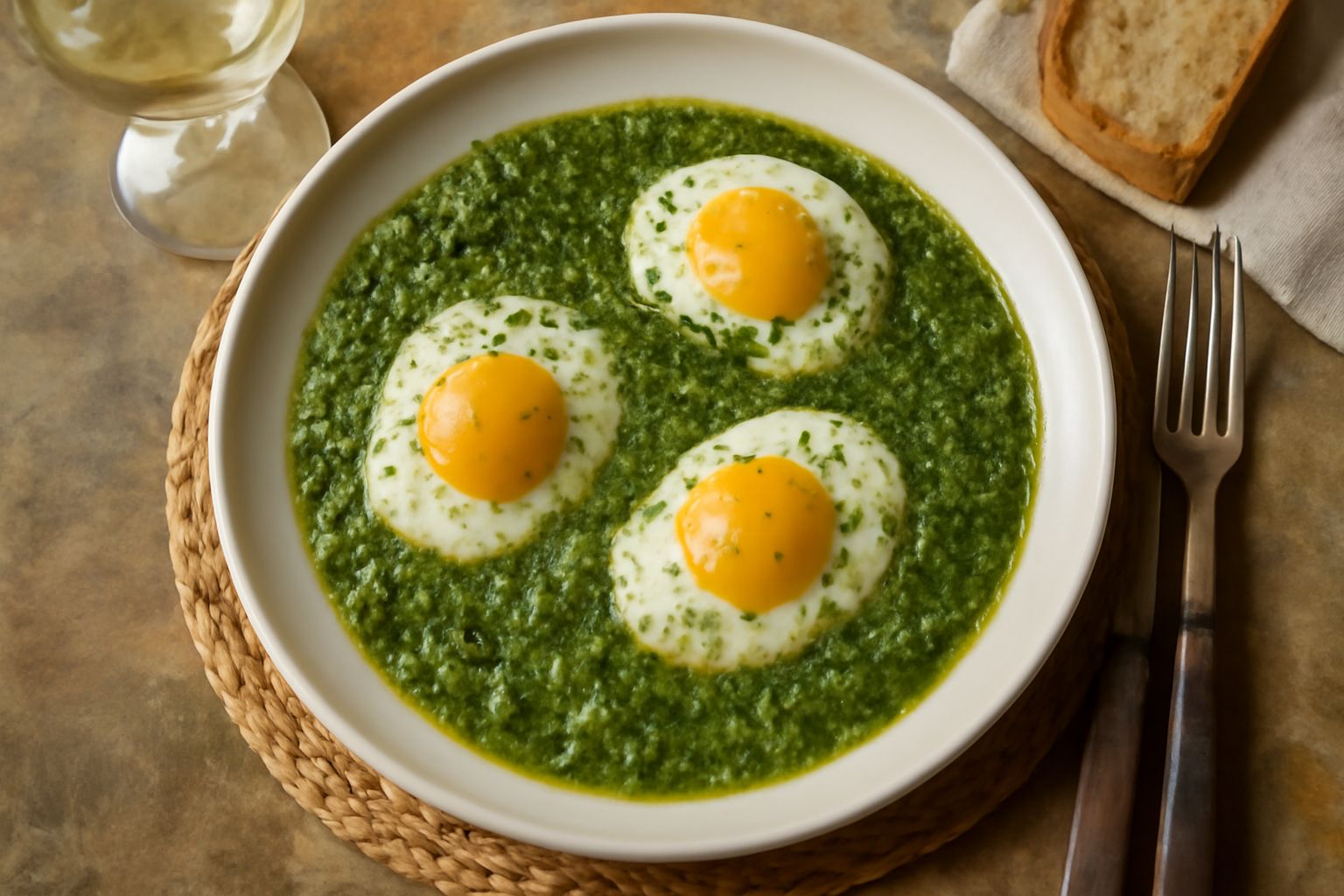 Due uova sode tagliate a metà con tuorlo giallo brillante, condite con salsa verde intensamente verde scuro a base di prezzemolo fresco, servite in un piatto bianco con contorno di verdure crude