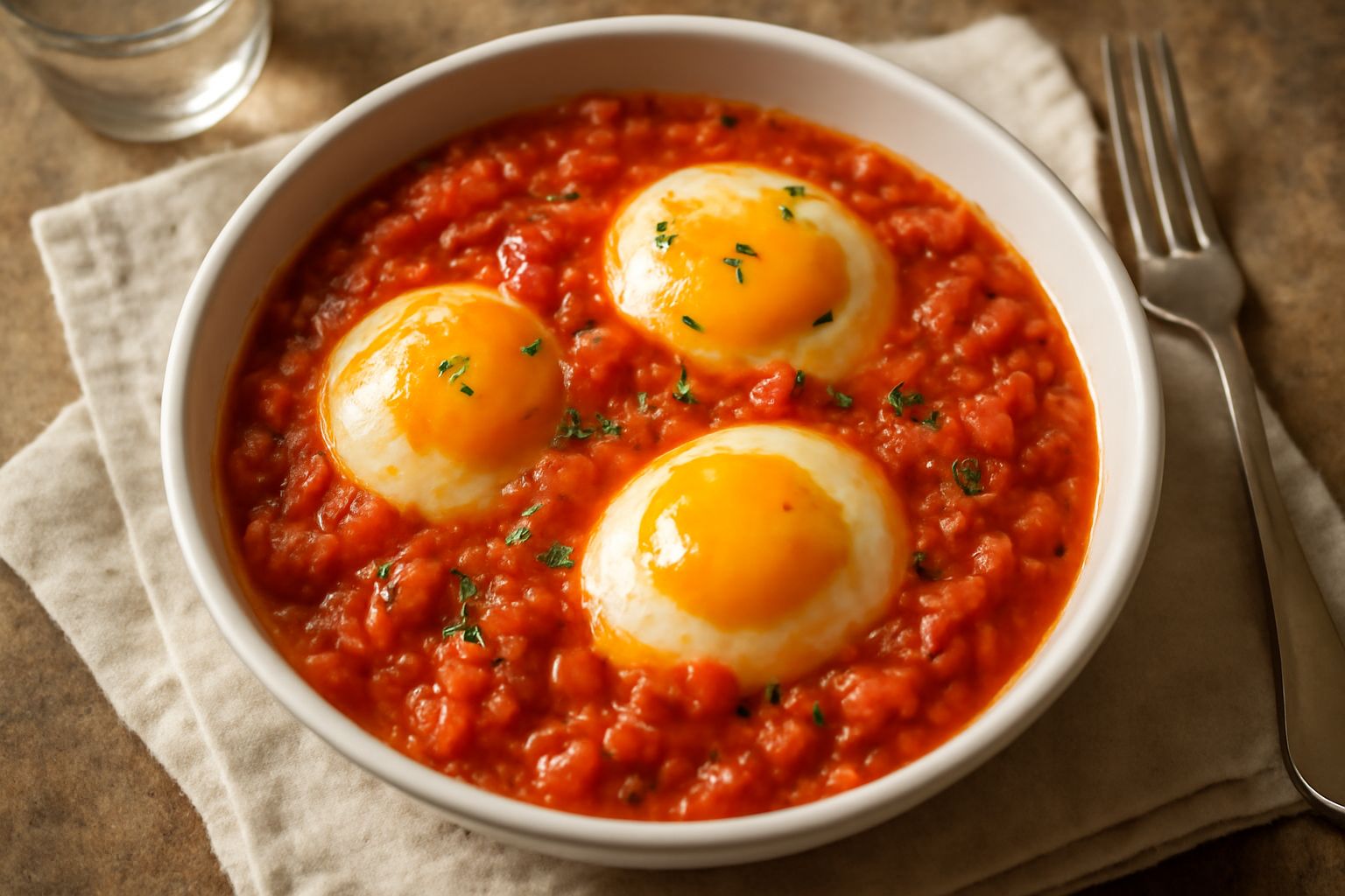 Uova intere e sode immerse in un umido denso di pomodoro rosso e cipolla, condite con prezzemolo fresco verde, servite in un piatto bianco fondo