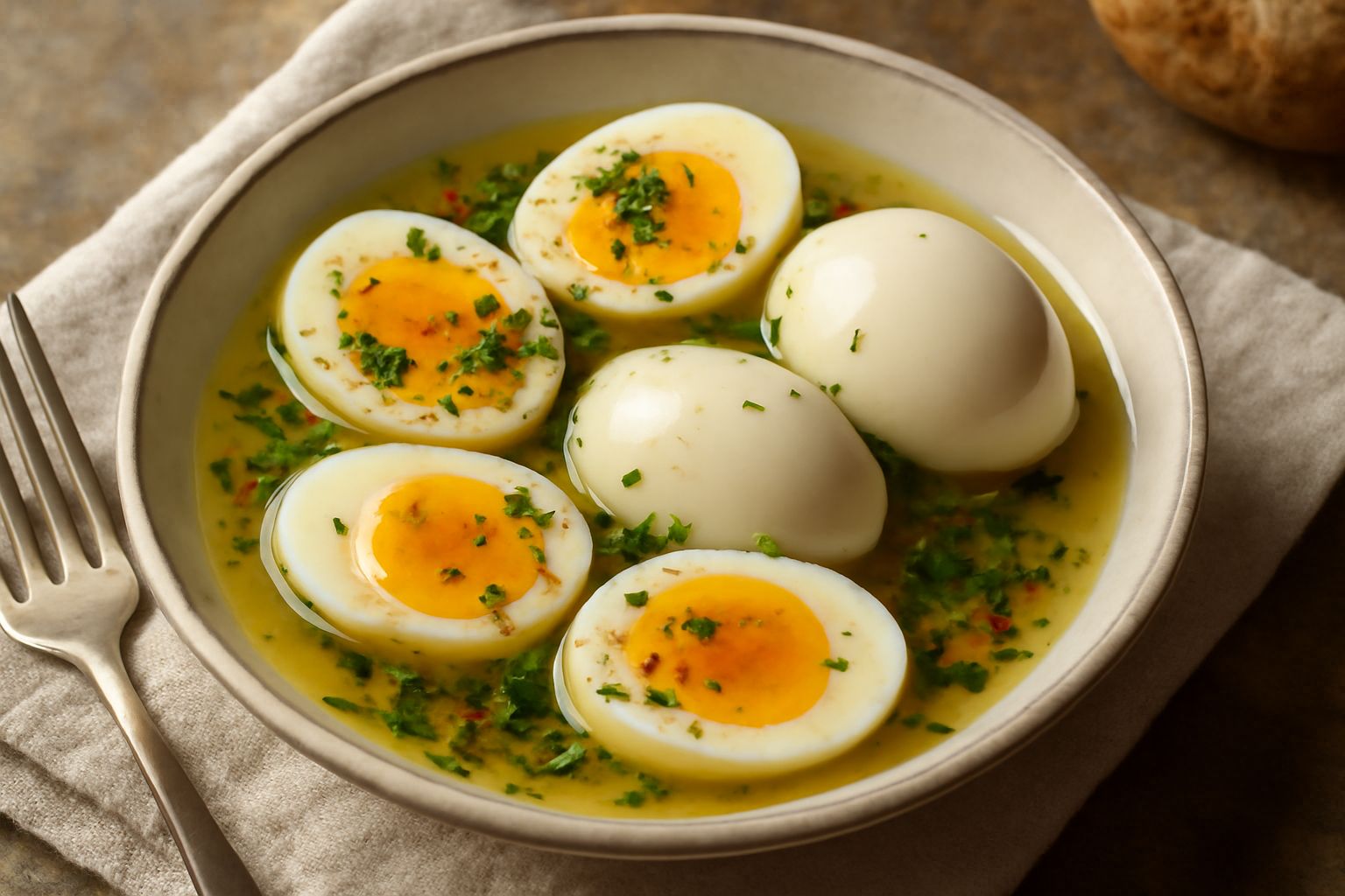 Uova sode tagliate a metà, di colore bianco e giallo intenso, immerse in una marinata trasparente con sfumature gialle e arancioni, contornate da sottili rondelle di cipolla e chiodi di garofano visib