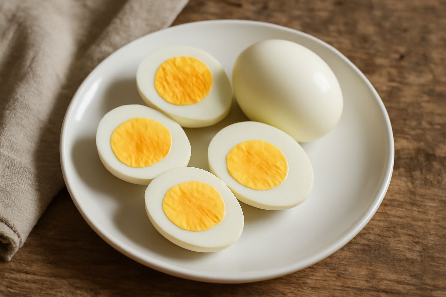 Tre uova sode sgusciate su piatto bianco, albume perfettamente bianco e tuorlo giallo limone al centro, una intera e due tagliate a metà