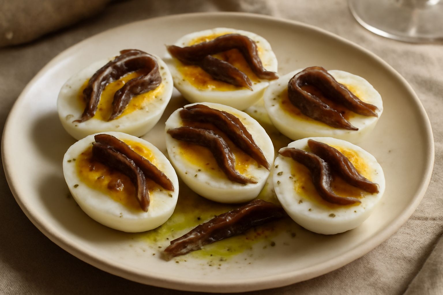 Due metà di uova sode poste in un piatto bianco, il tuorlo giallo oro visibile, coperte da filetti di acciuga scura disposti a raggiera, condite con gocce di olio verdastro e una spruzzata di pepe ner