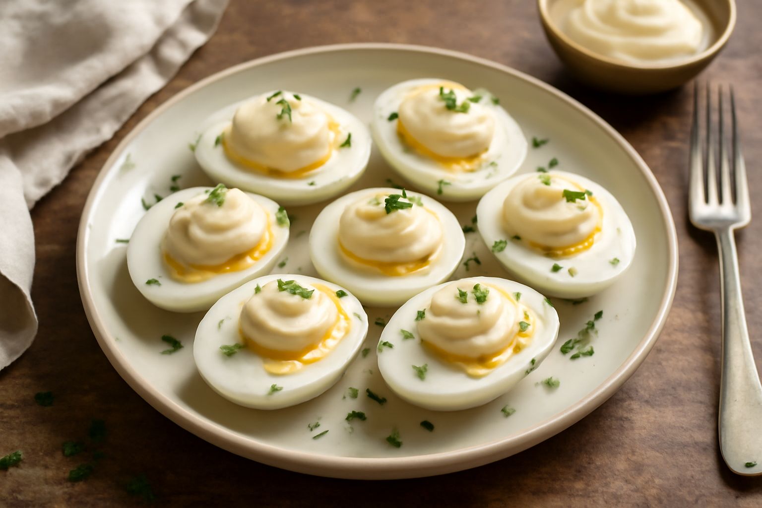 Due uova sode tagliate a metà su un piatto bianco, condite con maionese cremosa e una spolverata di pepe nero, accompagnate da fettine di pane tostato