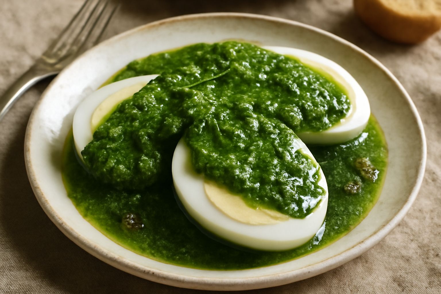 Tre uova sode sbucciate tagliate a metà su piatto bianco, tuorlo giallo al centro, ricoperte con salsa verde denso, guarnite con foglia di prezzemolo fresco