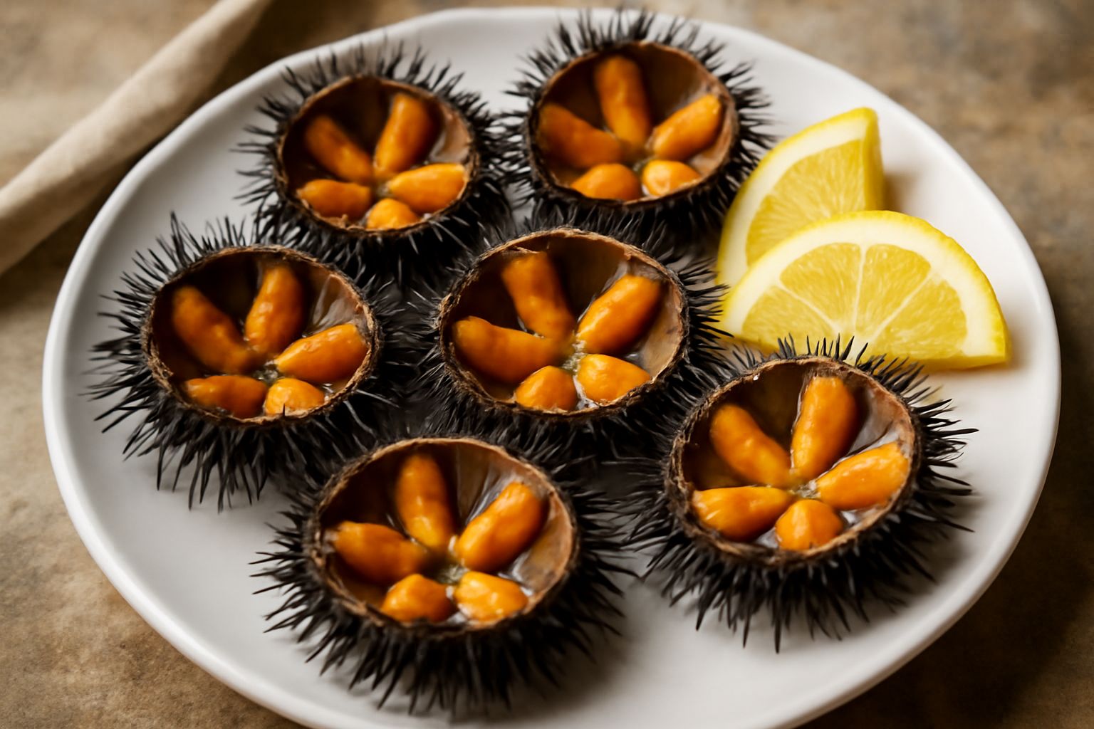Ricci di mare appena aperti nel piatto bianco, con la corolla di gonadi arancioni visibile al centro, accompagnati da spicchi di limone giallo e qualche foglia di prezzemolo fresco