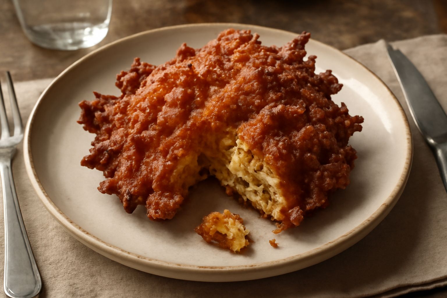 Urcinata fritta dorata e croccante, spezzettata in pezzi irregolari, cosparsa di granella di zucchero trasparente, su piatto bianco con fondo grigio sfumato