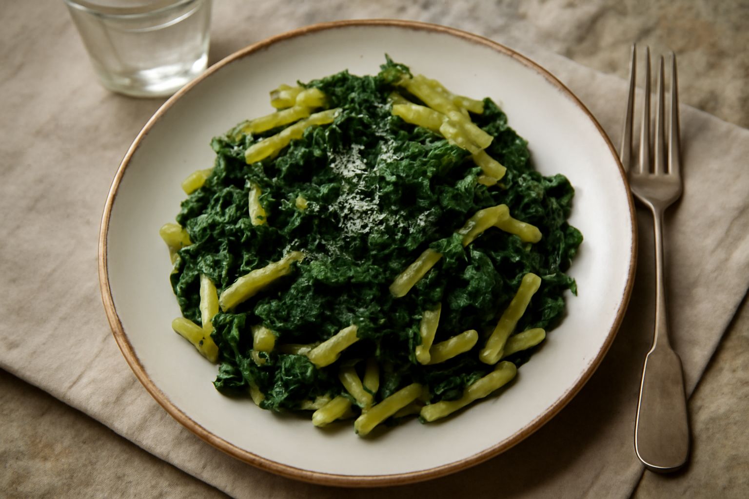 Piatto di pasta fresca bianca con salsa verde di ortiche, olio d'oliva dorato e aglio, in tavolo di legno rustico