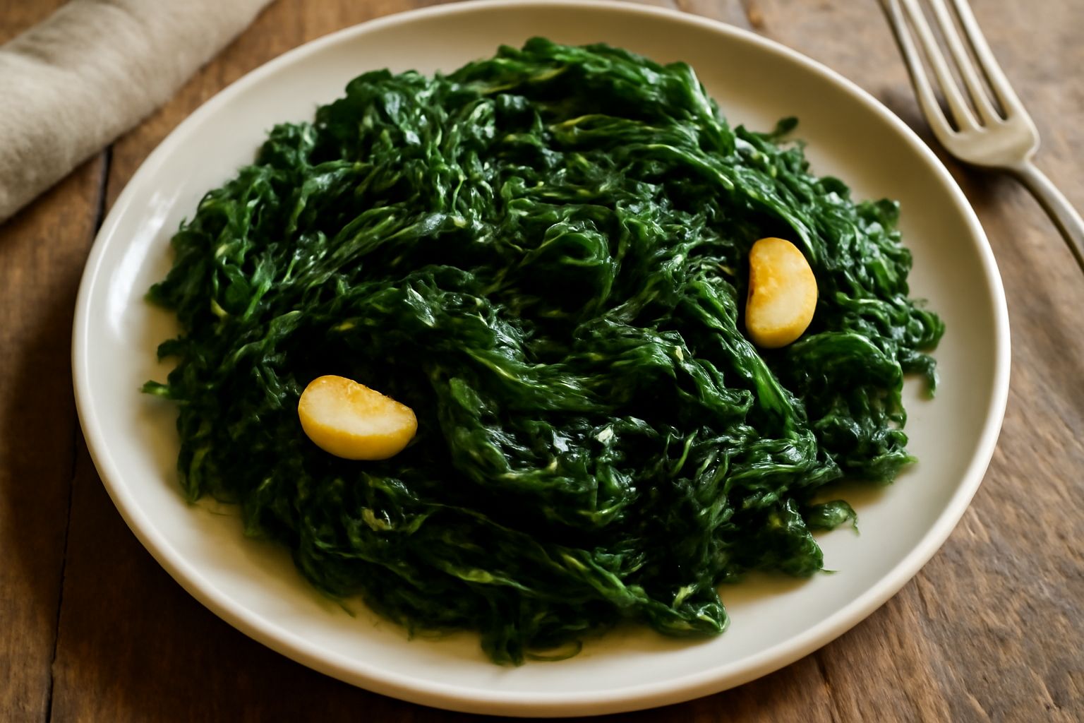 Urtiche bollite verde scuro in un piatto bianco, salate con aglio dorato e olio di oliva, accompagnate da una fetta di pane integrale