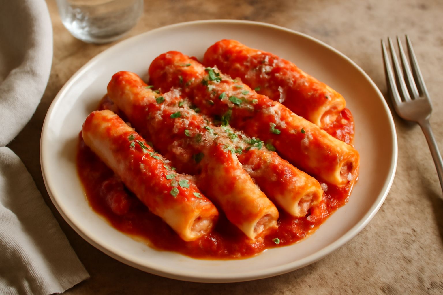 Piatto di urzi ca' pummaroru con pasta ripiena color tortora condita con sugo di pomodoro rosso, ricotta bianca visibile nel ripieno, cibo rustico su piatto di ceramica