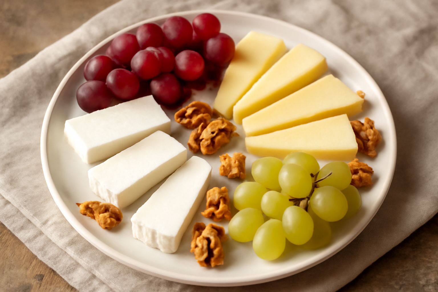 Piatto bianco con grappoli d'uva rossa e bianca, fette di formaggio bianco e giallo cremoso, noci sgusciate sparse, su fondo legno scuro e tovaglia beige
