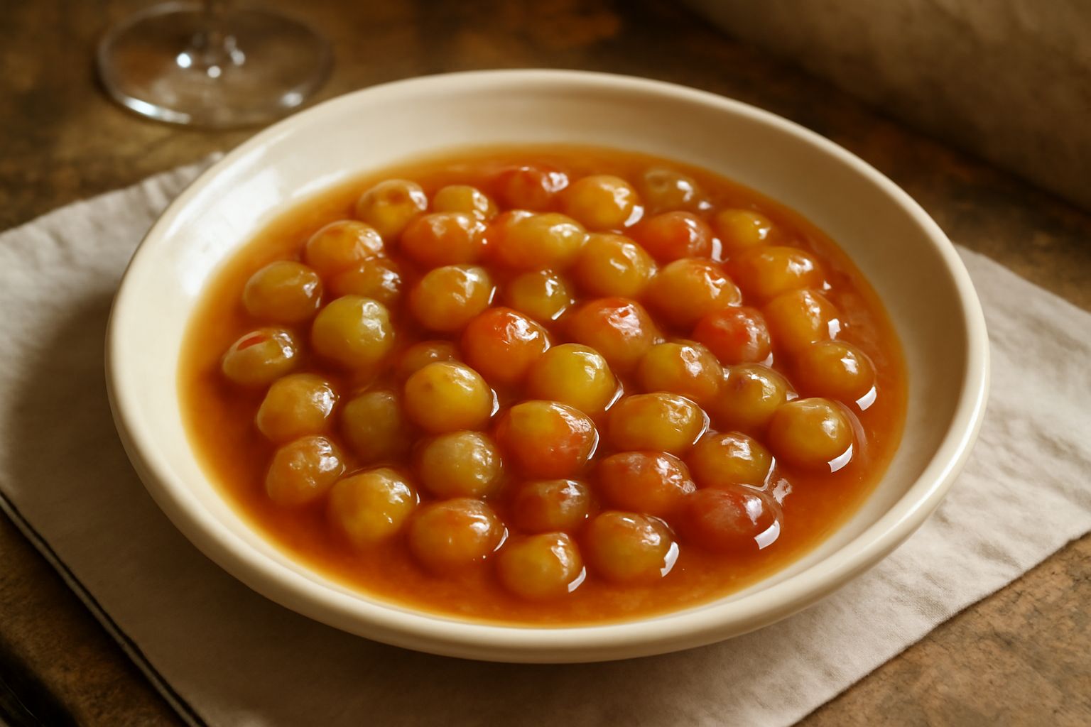 Uva cotta in una ciotola bianca, acini trasparenti e leggermente raggrinziti, liquido zuccherato ambrato intorno, spolveratura di zucchero semolato ai bordi, cucchiaio in porcellana poggiato accanto