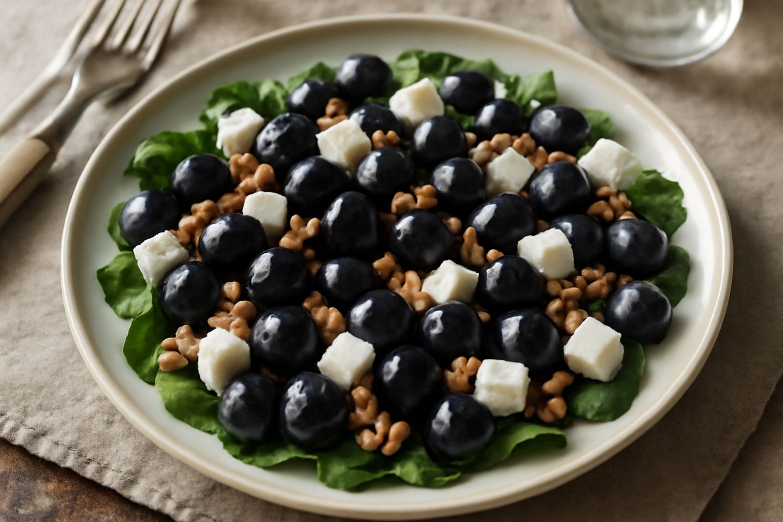 Insalata di uva di Troia scura con acini interi su un piatto bianco, accompagnata da fette di formaggio fresco e noci tostate, con foglie di menta verde sparpagliate