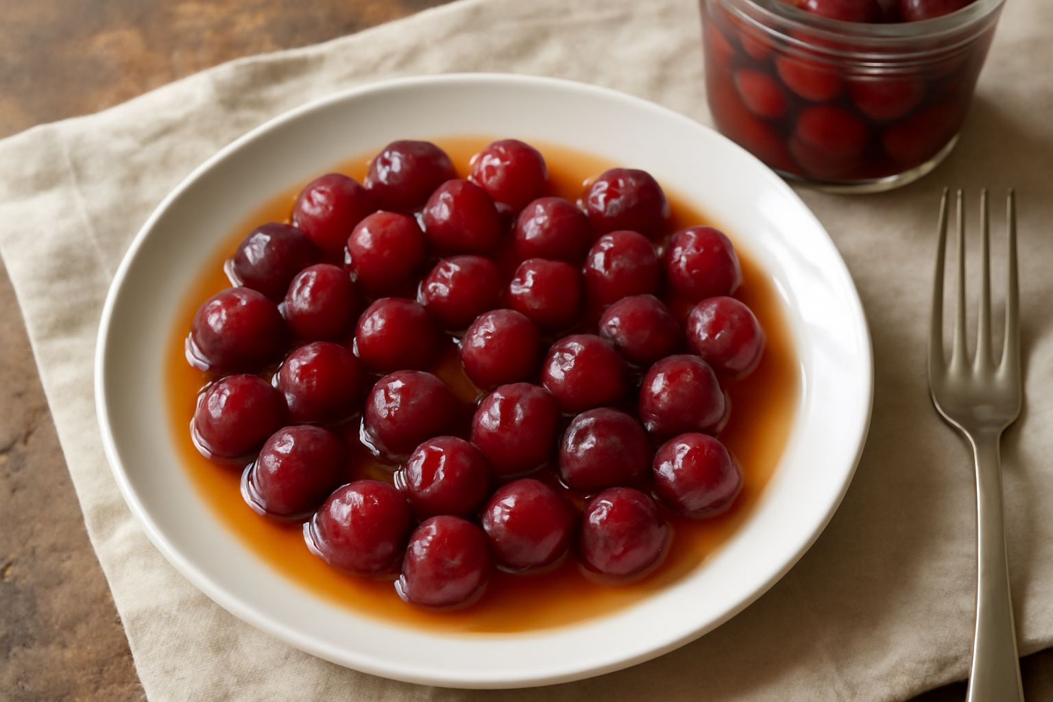 Uva fragola agrodolce in un vasetto di vetro: acini di colore rosso rubino brillante immersi in un liquido trasparente lievemente ambrato, con chicchi interi visibili, contorno del piatto bianco immac