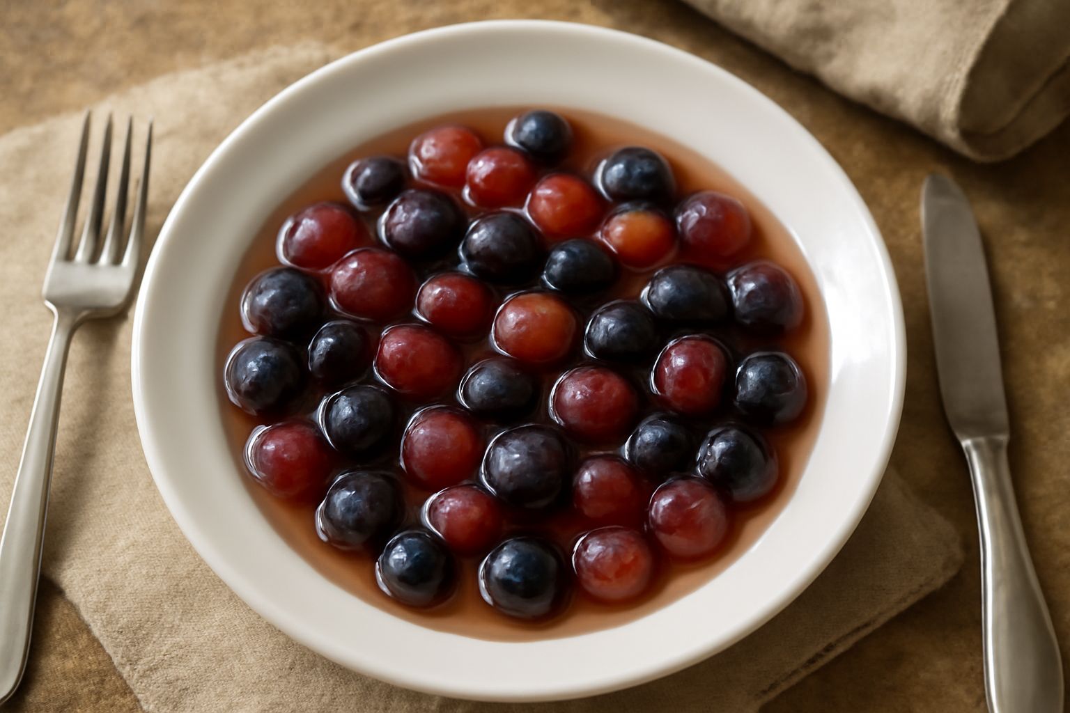 Barattoli di vetro con uva fragola immersa in sciroppo trasparente, chicchi rossi e blu scuro ben visibili, etichetta bianca sul barattolo, sfondo di legno chiaro