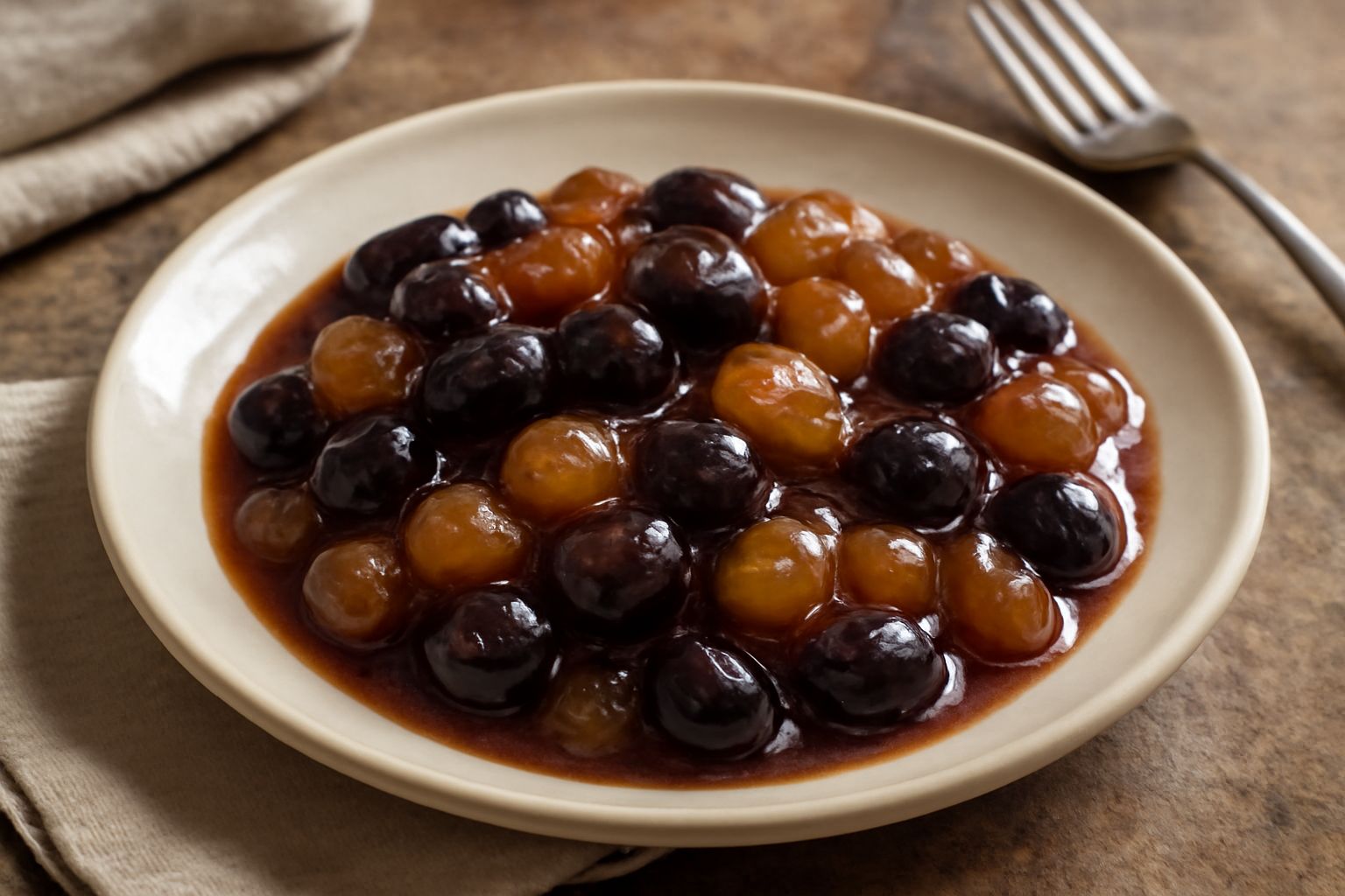Uva nera e uva bianca cotta in agrodolce, lucida e brillante, servita in una ciotola di ceramica bianca con sfondo scuro e un cucchiaio di legno appoggiato sul bordo