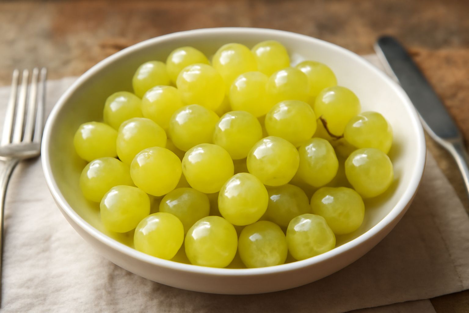 Grappoli di uva Moscatella verde chiaro con chicchi traslucidi e polpa succosa, disposti su un piatto bianco con gocce di rugiada, foglie di menta fresca accanto