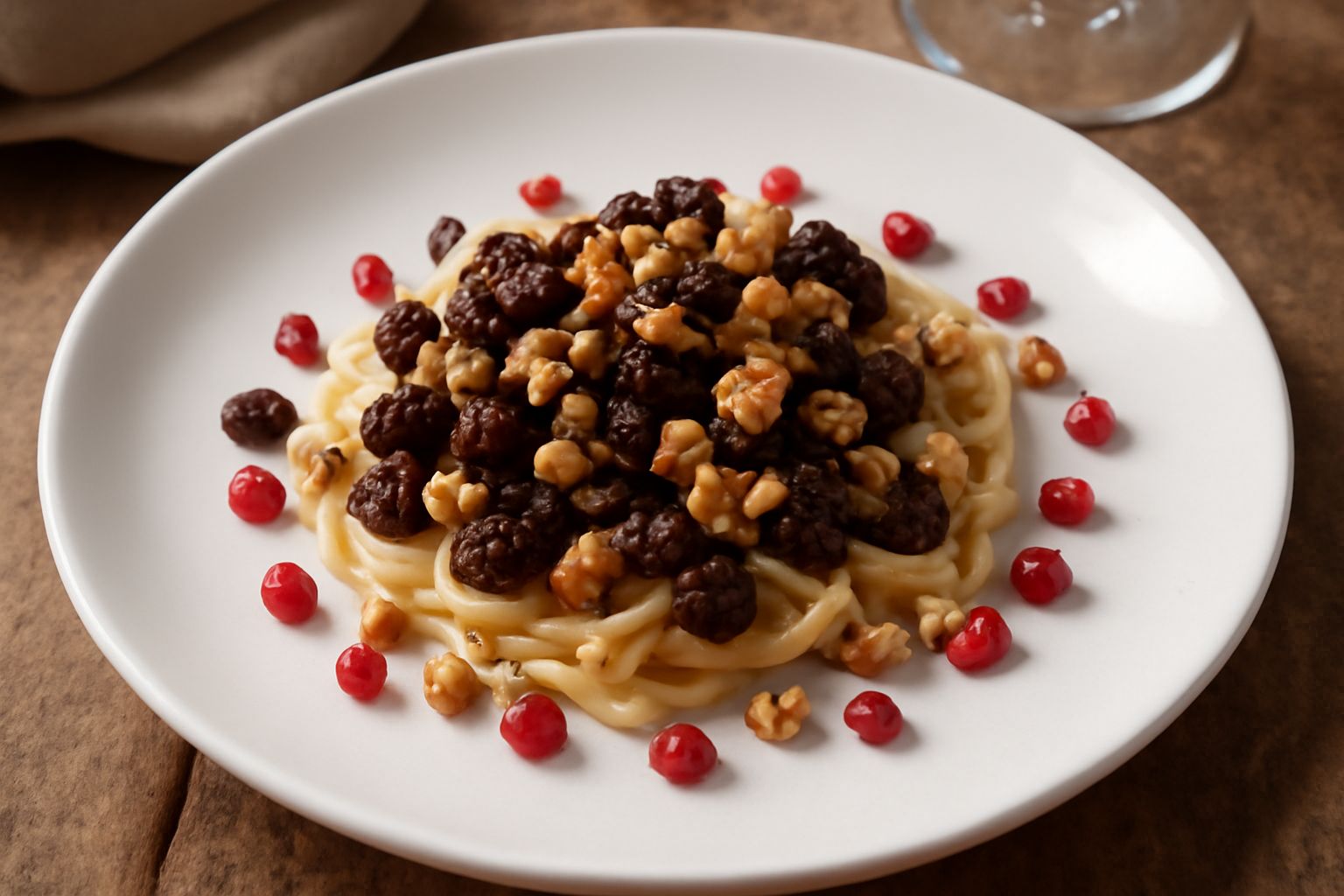 Piatto bianco con mucchietto centrale di uva passa scura e noci tostate spezzate, contornate da qualche chicco di melograno rosso, su sfondo neutro chiaro