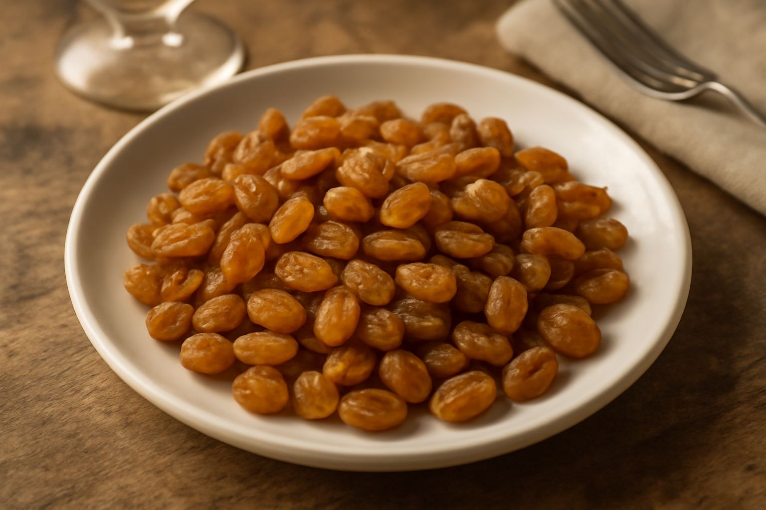 Chicchi di uva passa dorata e rugosa su un tavolo di legno naturale, accanto a pochi chicchi di uva rossa fresca e a un vasetto di vetro con uva passa conservata