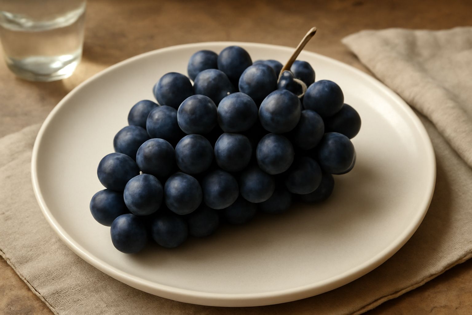 Grappolo di uva rara con bacche nere compatte appoggiato su un piatto bianco, con alcuni acini staccati e qualche foglia verde attorno