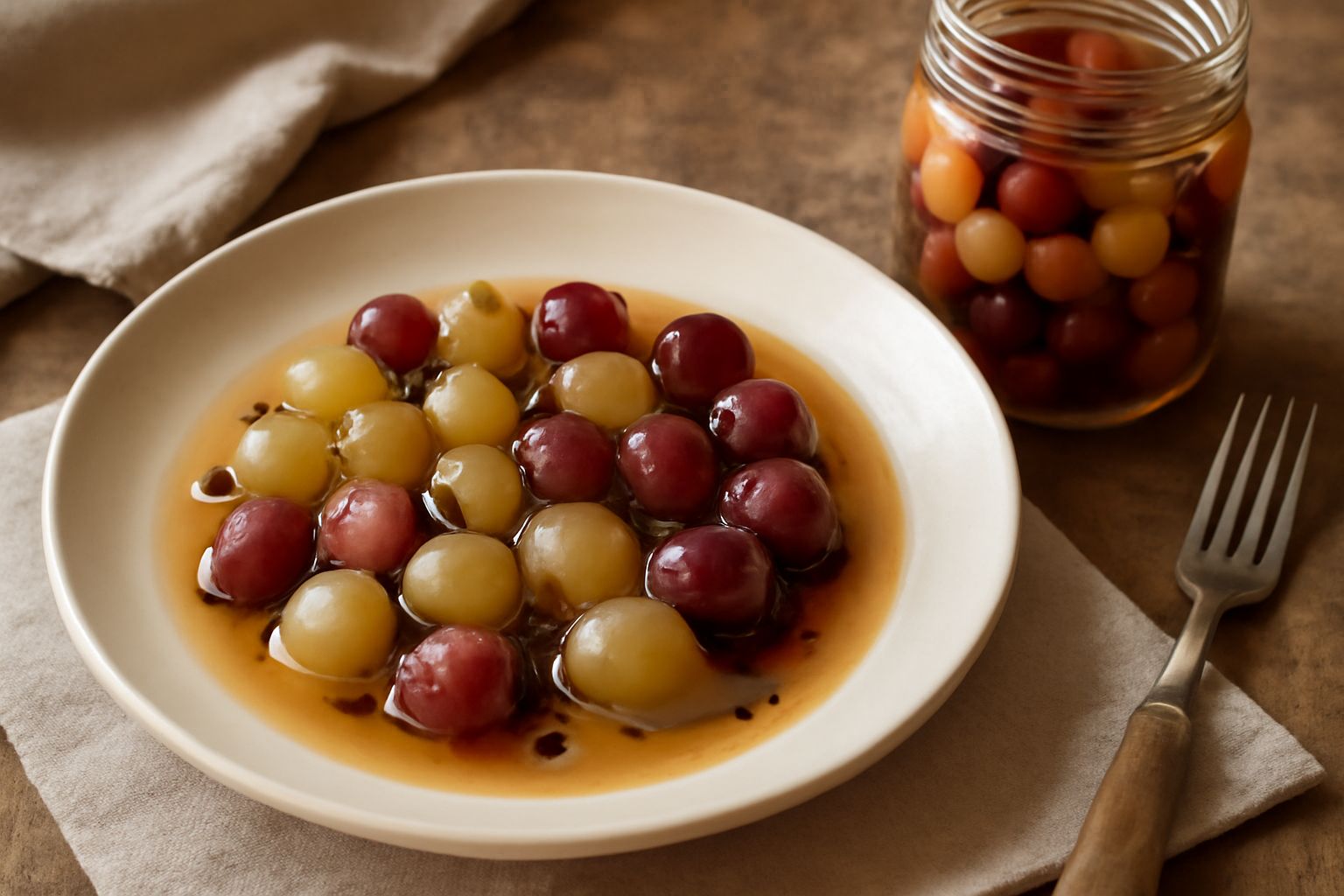 Vasetto di vetro con uva sott'aceto dai colori bianco e rosso, immerse in liquido trasparente leggermente ambrato, con spezie e foglie visibili, su sfondo chiaro