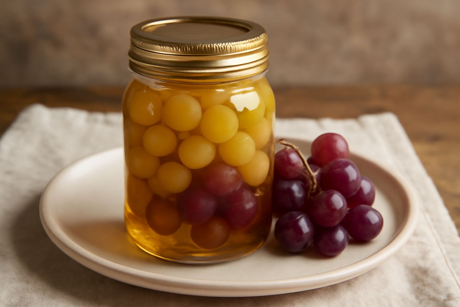 Barattolo di vetro trasparente con uva bianca e nera immerse in liquido trasparente dorato, con chicchi chiaramente visibili, chiuso da tappo, su sfondo neutro