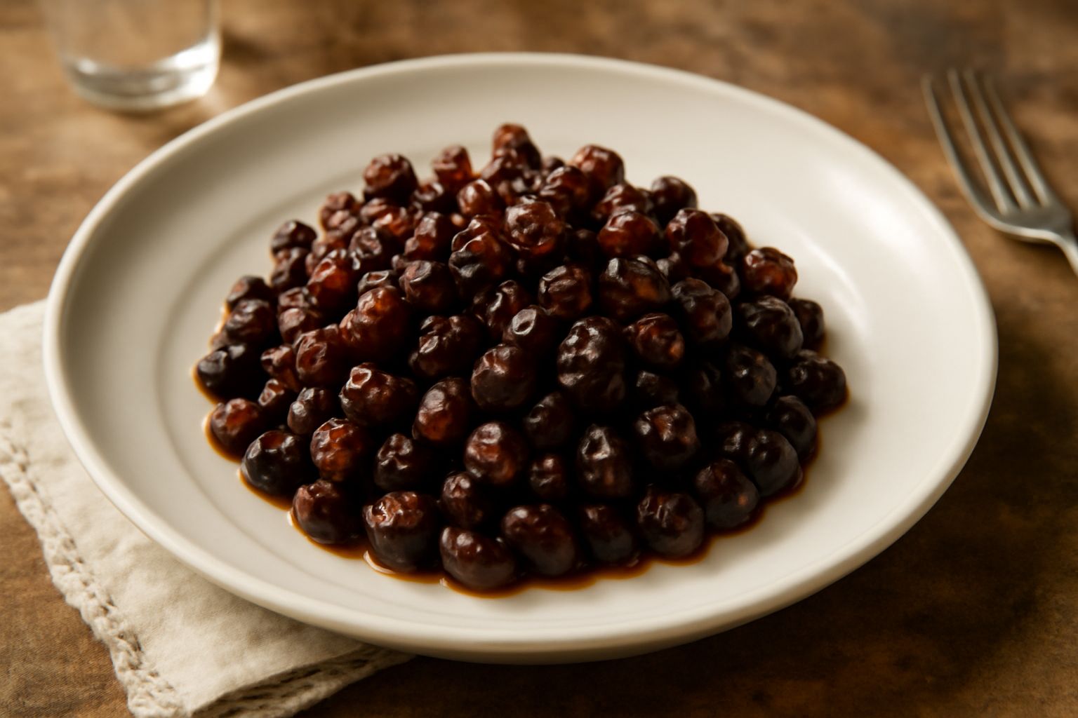 Uvetta passa scura, rugosa e lucida, sparsa su un piatto bianco, accanto a un bicchiere d'acqua tiepida e a spighe di grano, con luce naturale che ne illumina la superficie