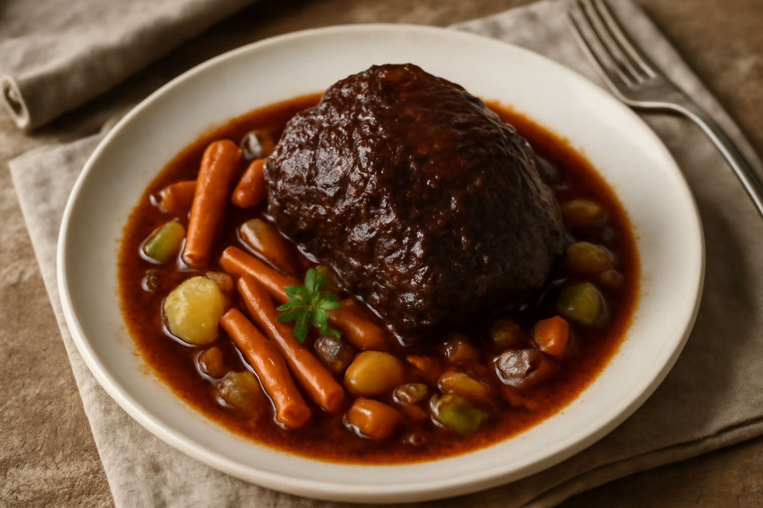 Brasato lucido e scuro su un piatto bianco, circondato da carote, sedano e cipolle caramellate, con sugo denso rosso-marrone che ricopre la carne. Guarnito con rosmarino fresco e servito in una pentol