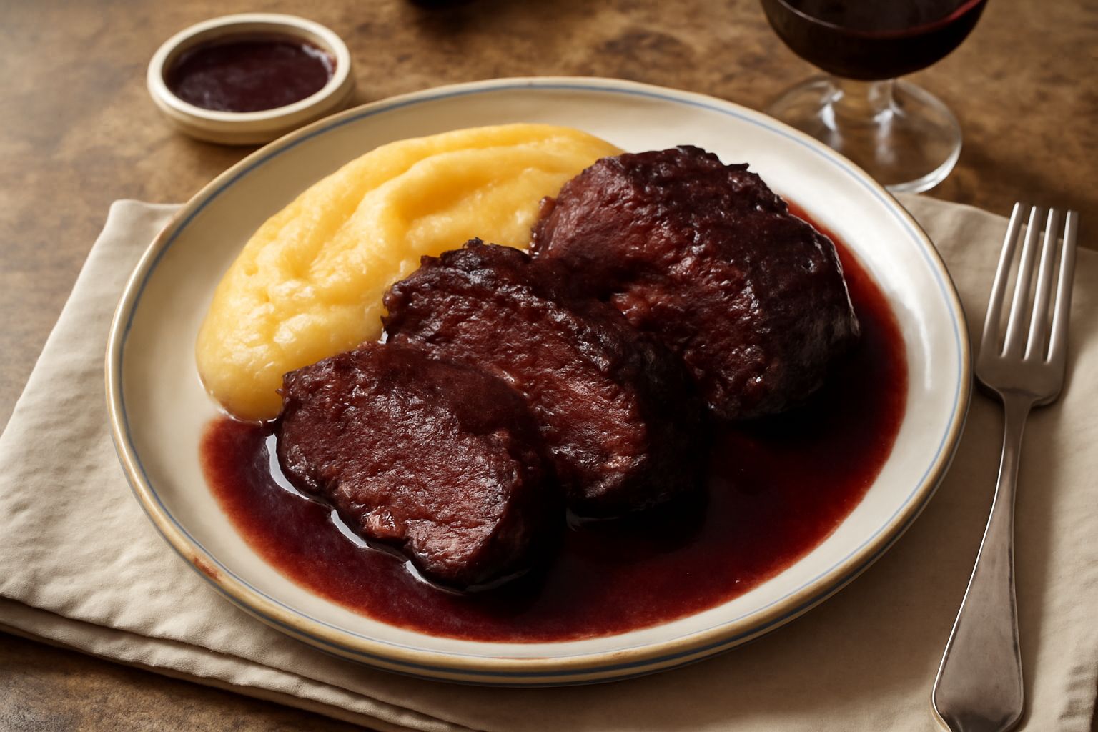 Brasato affettato in un piatto bianco, circondato da sugo rosso scuro, accompagnato da verdure rosse e gialle, vapore ancora visibile dalla carne calda appena tagliata