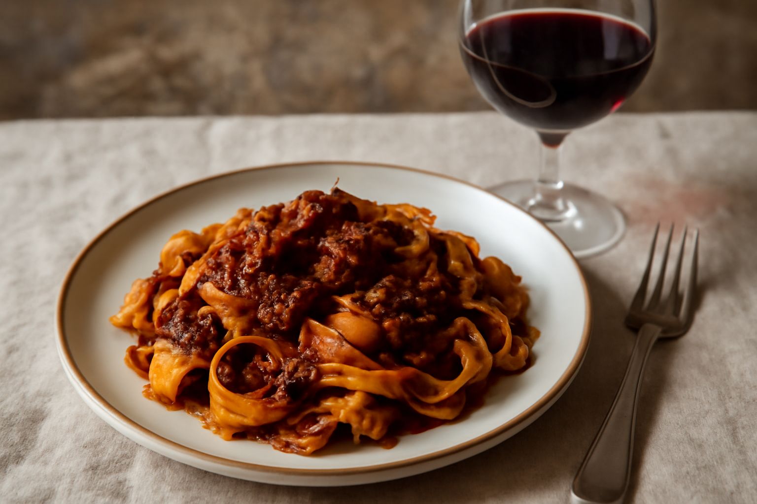 Calice di Valpolicella Ripasso colore rosso rubino scuro, accanto a una bottiglia e un piatto con brasato di manzo e verdure radici in sfondo sfocato