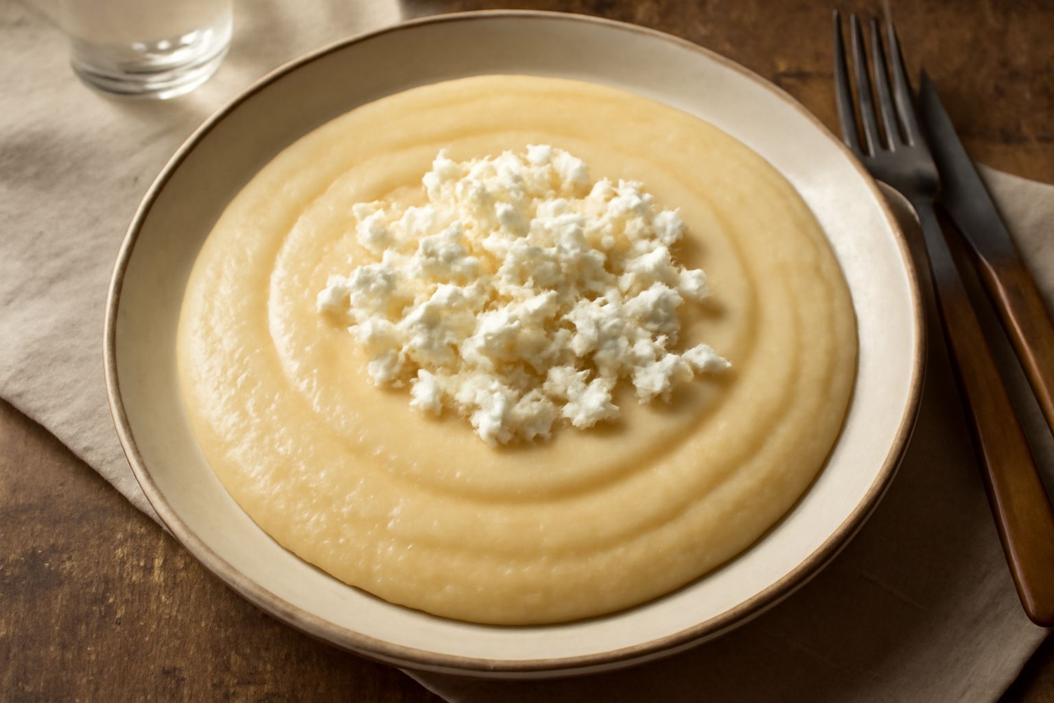 Una ciotola di vastedda color crema con consistenza densa, servita in una terrina bianca, decorata con ricotta bianca in cima e una spolverata di formaggio grattugiato, contorno di brodo tiepido nel p