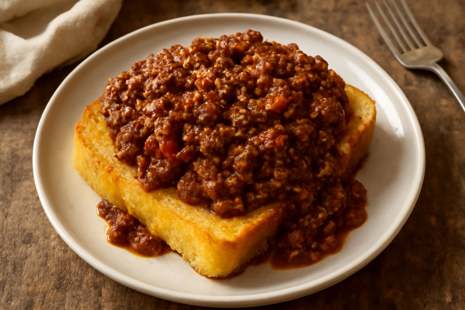 Fetta di vastedda con ragù sul piatto, pane morbido e giallo in primo piano, condito abbondantemente con ragù scuro di carne e pomodoro, guarnito con prezzemolo fresco verde