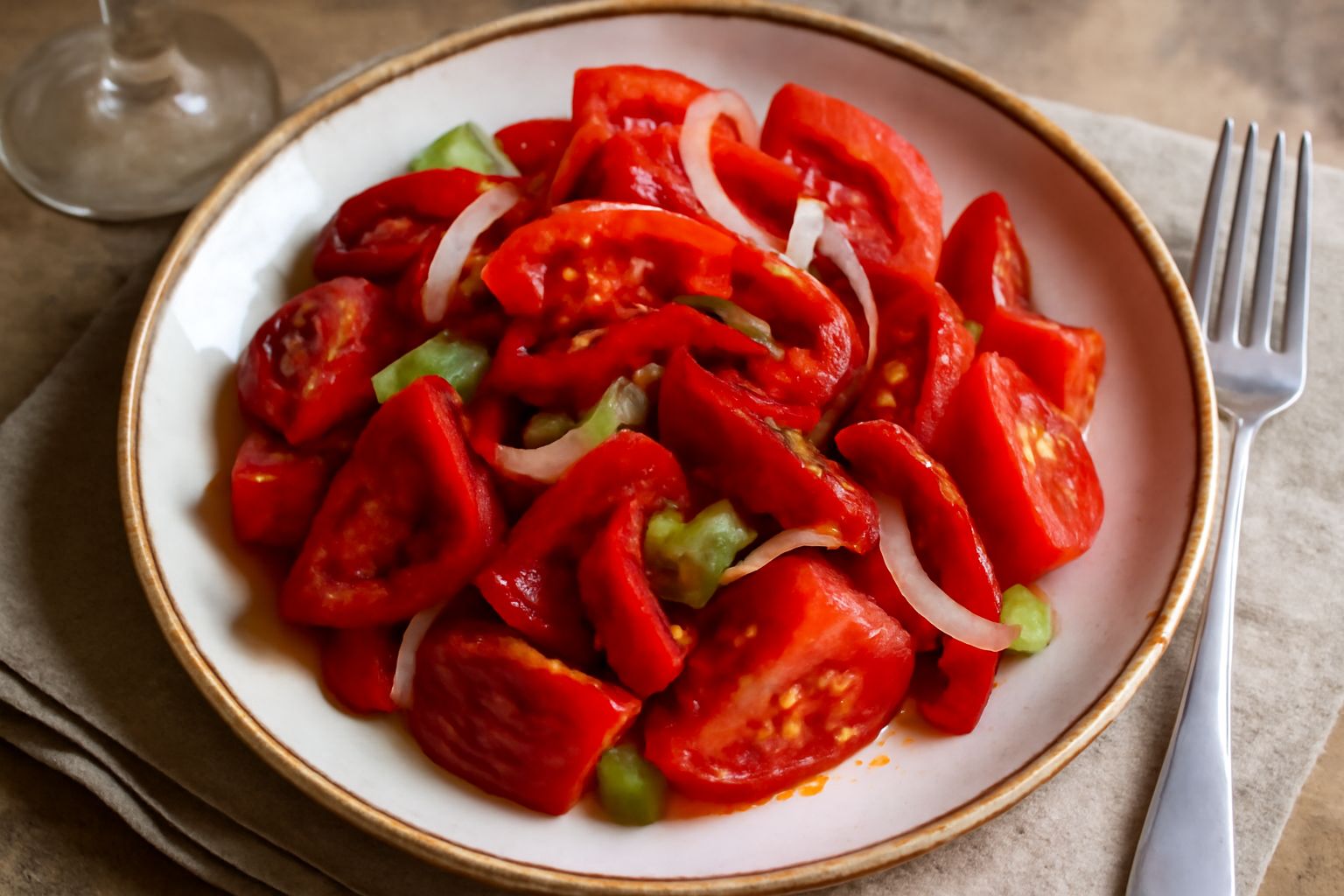 Piatto di Velletri rosso con pomodori rossi brillanti, peperoni rossi tagliati, cipolla bianca e prezzemolo fresco, impiattato in ceramica bianca con olio d'oliva versato sopra