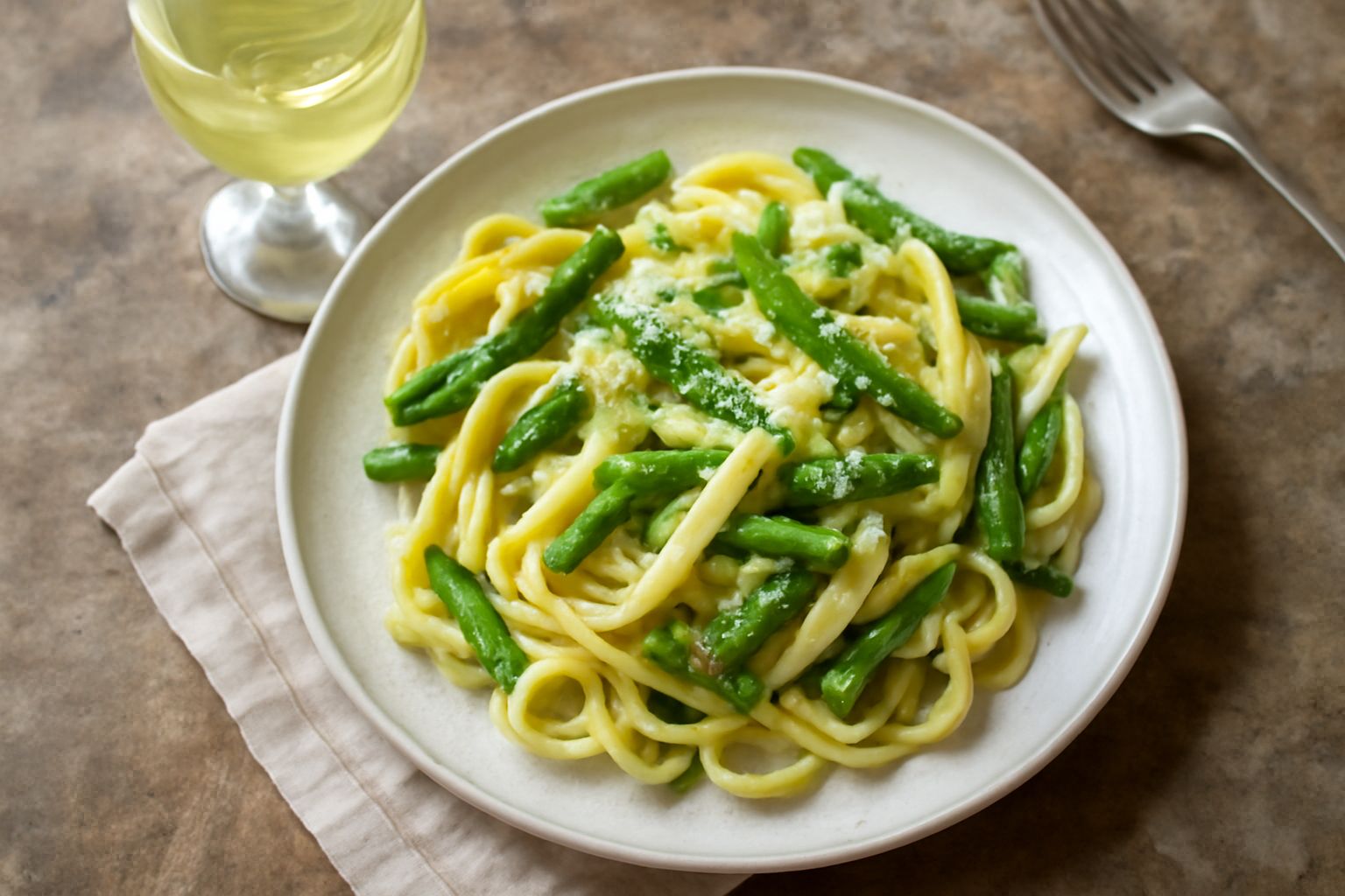 Bicchiere di vino Veltliner trasparente con riflessi giallo-verdi su sfondo bianco, accanto a grappolo d'uva verde e piatto di pesce bianco al forno