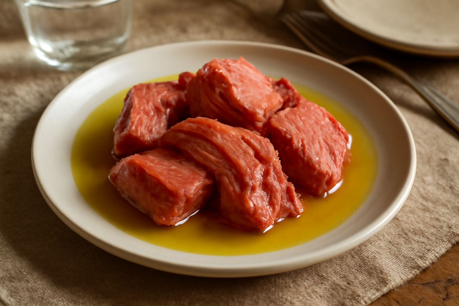 Ventresca di tonno sott'olio in un piatto bianco: pezzi rosso-rosa tendente al marrone, ricoperti di olio dorato, accompagnati da fette di limone, olive nere e foglie di prezzemolo fresco