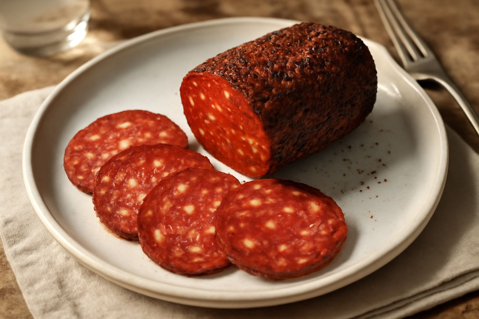 Fette di ventricina appena affettate poste su un tagliere di legno, con il pepe nero visibile sulla superficie rosso scuro della carne, contorno di pane toscano tostato