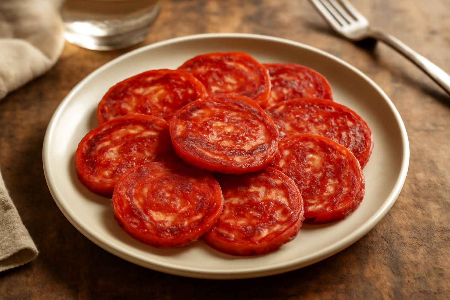 Ventricina del Vastese affettata su un tagliere di legno, con le fette sottili di colore rosso intenso marmorizzato di bianco, accanto a pane toscano croccante e un bicchiere di vino rosso