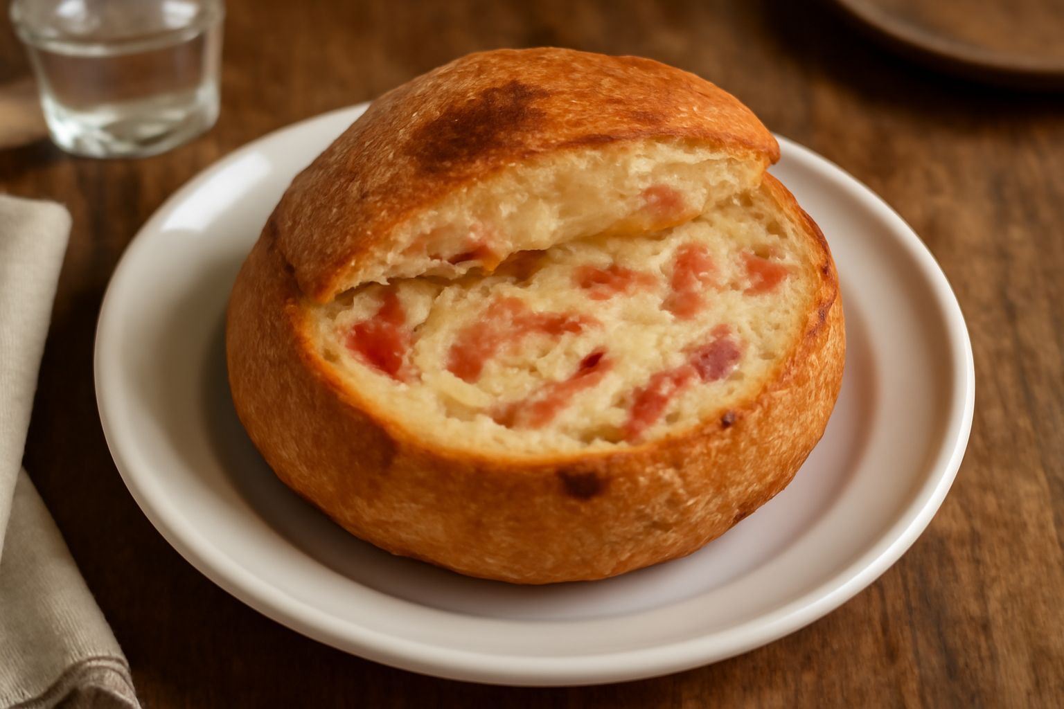Ventricina in pane appena sfornata, sezione di spaccato che mostra l'impasto bianco-beige con striature di salume rosso, crosta dorata e croccante, su tagliere di legno con coltello accanto