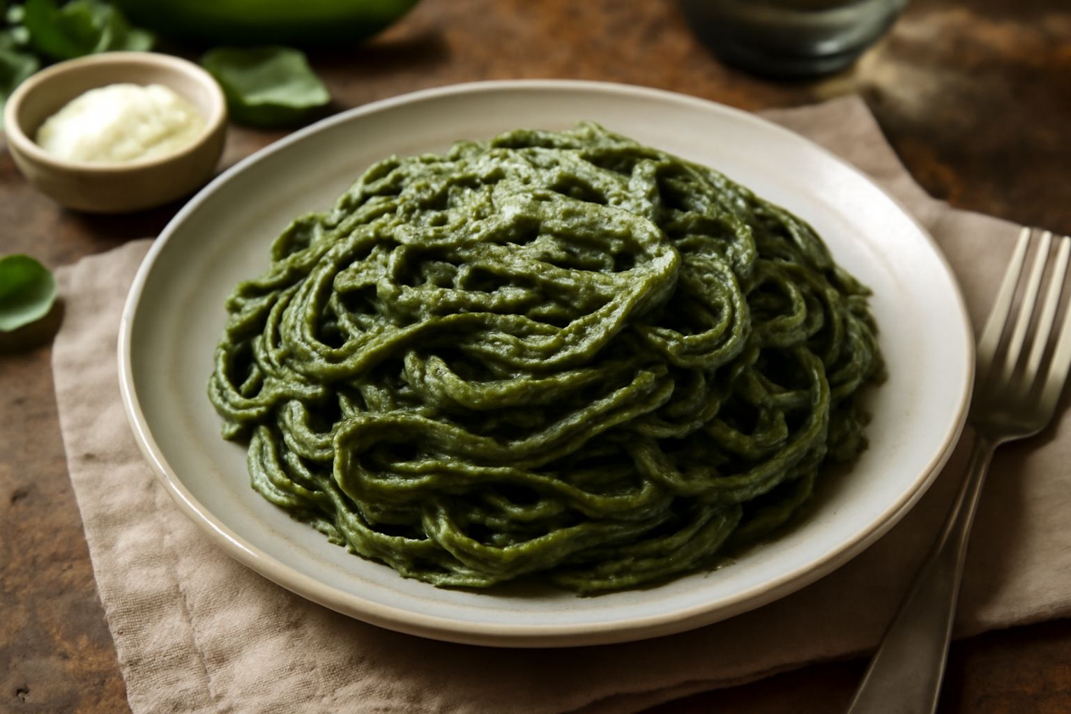 Piatto di pasta lunga verde salvia con spinaci tritati finemente, foglie di basilico fresco sopra, burro dorato visibile nel condimento, parmigiano grattugiato bianco sparso in superficie
