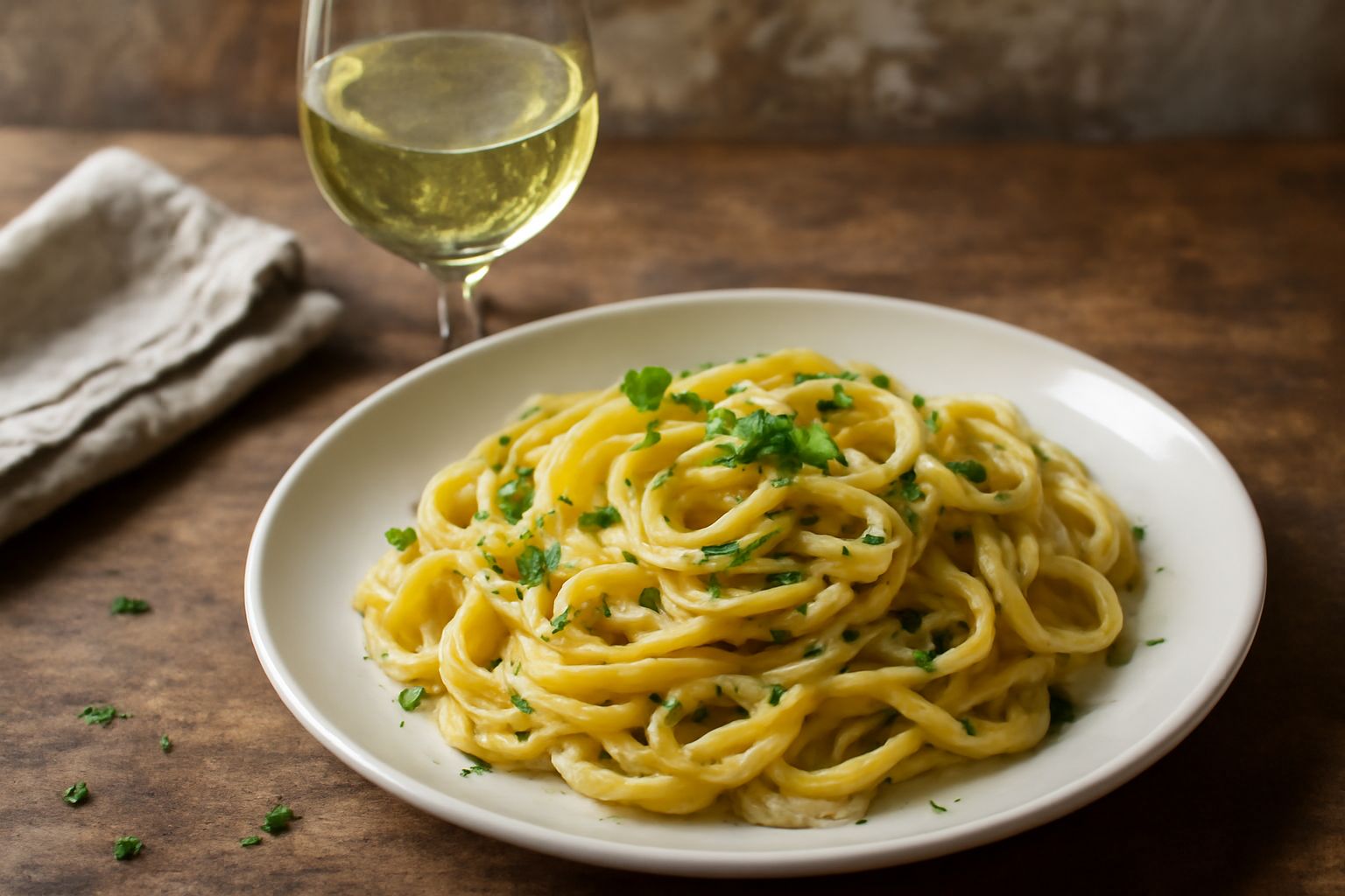 Calice di Verdicchio trasparente con riflessi gialli e verdi, parzialmente riempito, su tavolo bianco con limone fresco e spighe di grano