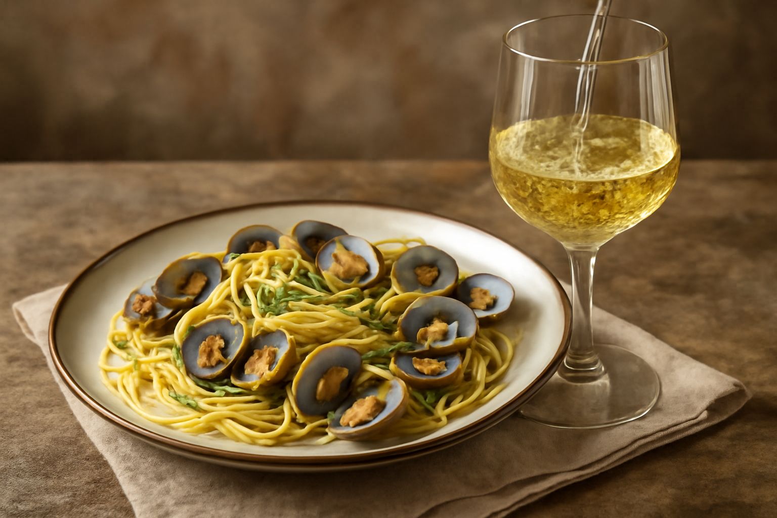 Calice di vino bianco trasparente Verdicchio servito a temperatura di degustazione, con sfumature giallo-verdognolo, ripreso di fronte a una bottiglia scura su tavolo in legno chiaro