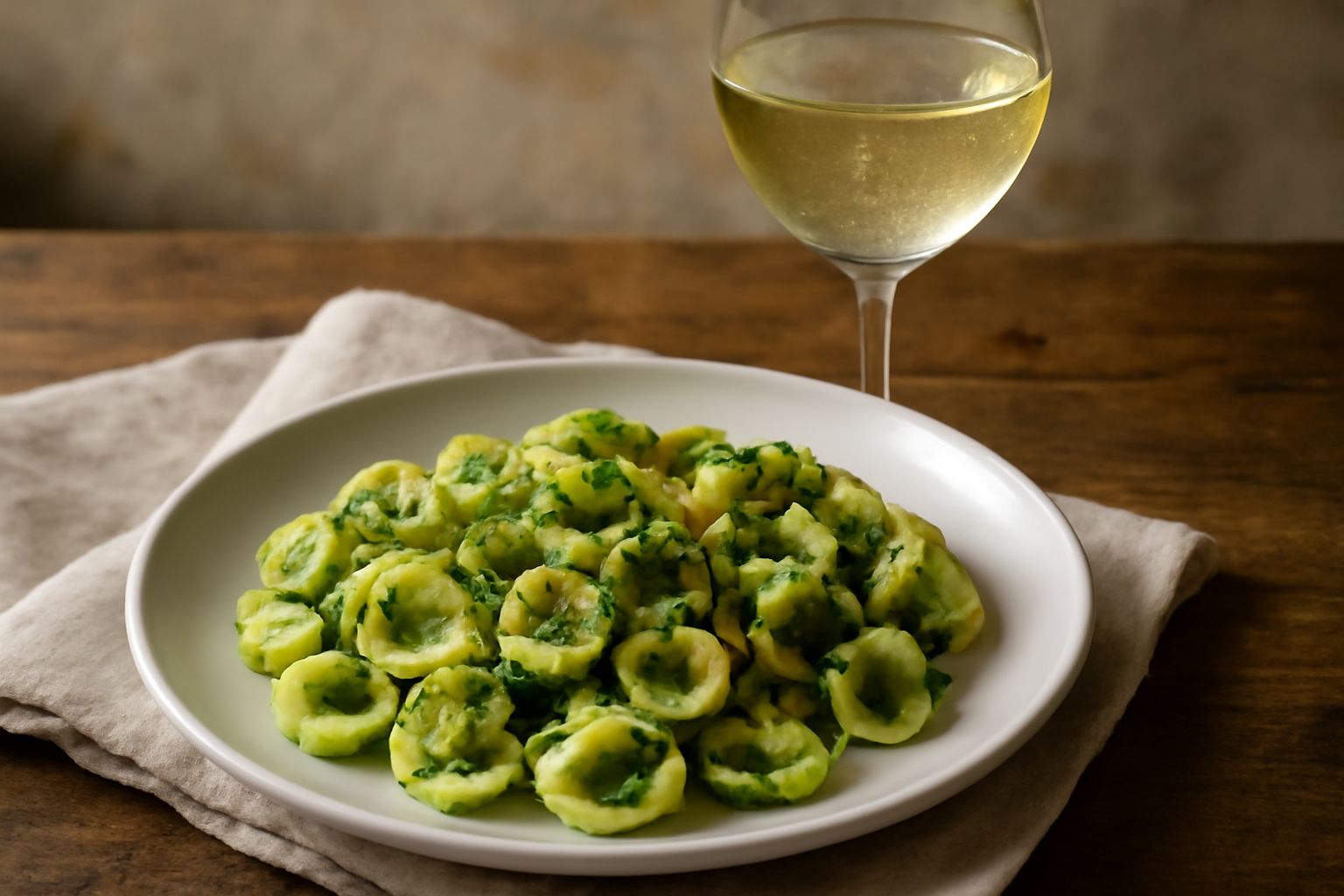 Calice di Verdicchio del Friuli di color giallo paglierino con riflessi verdognoli, posato su un tavolo bianco accanto a un piatto di branzino al forno e verdure grigliate