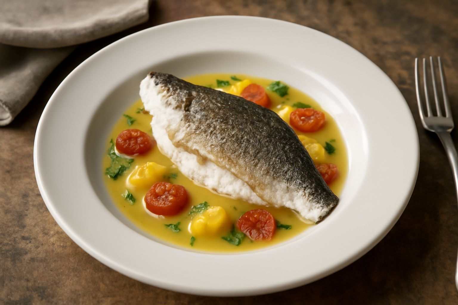 Branzino intero cotto a vapore in un piatto bianco, circondato da salsa trasparente al Verdicchio, fette di limone e rametti di prezzemolo fresco su sfondo scuro