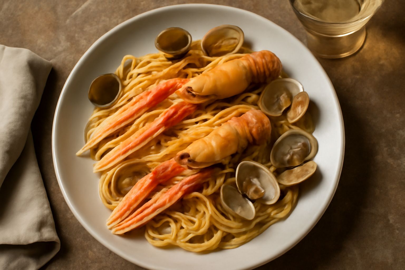 Calice di Verdicchio di Matelica trasparente con riflessi giallo paglierino, servito accanto a un piatto di pasta con vongole veraci e pesce, su un tavolo di legno chiaro con tovaglia bianca