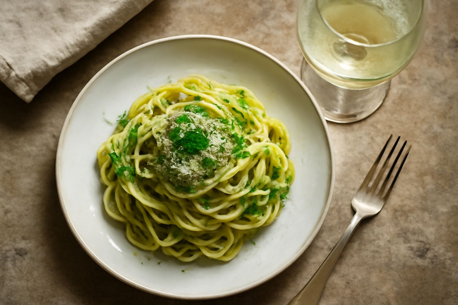 Calice di vino bianco Verdicchio di Romagna dal colore giallo paglierino, con riflessi verdognoli, posto su tavolo di legno con uva bianca e limone fresco accanto