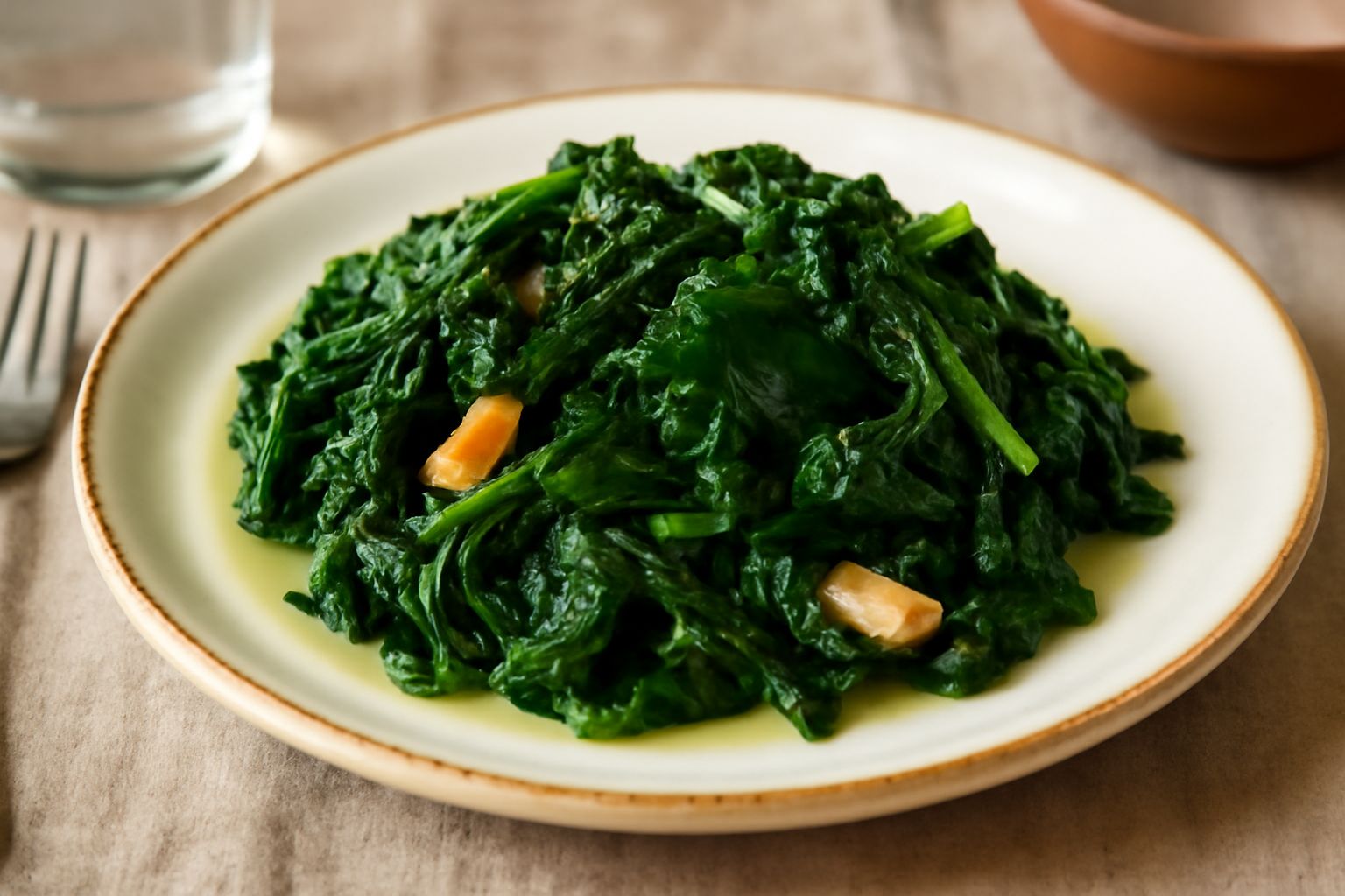 Spinaci verdi ripassati in padella con aglio dorato e gocce di olio di oliva, disposti su piatto bianco, caldi e brillanti