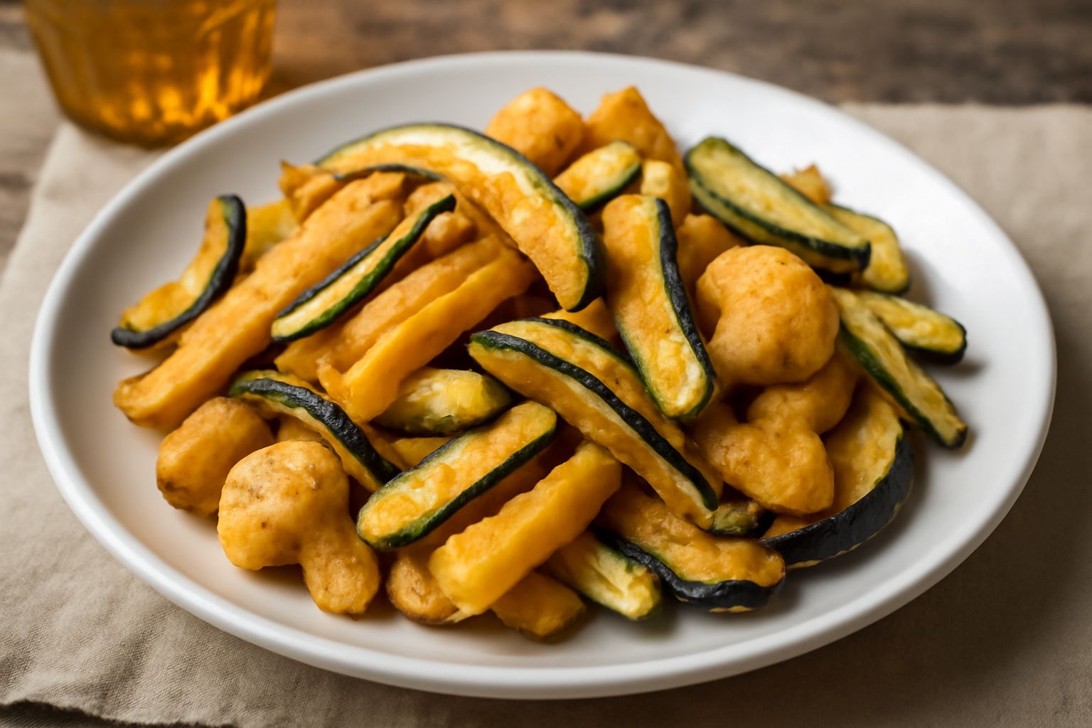Vassoio di verdure fritte dorate e croccanti: fettine di zucchina, melanzana, peperoni gialli e rossi, cavolfiore, appena tolte dall'olio. Superficie dorata uniforme, servite su carta assorbente bianc