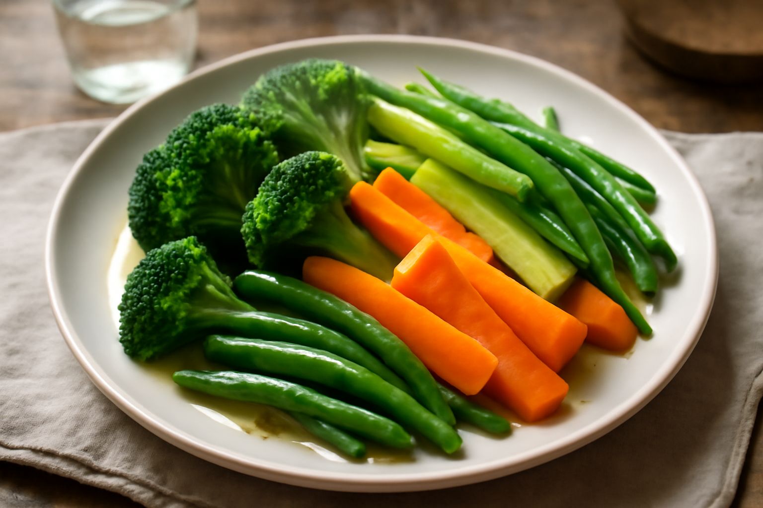 Piatto bianco con verdure lessate: broccoli verde scuro croccanti, carote gialle a bastoncini, zucchine pallide e fagiolini turgidi ancora fumanti, conditi con un filo d'olio e sale grosso
