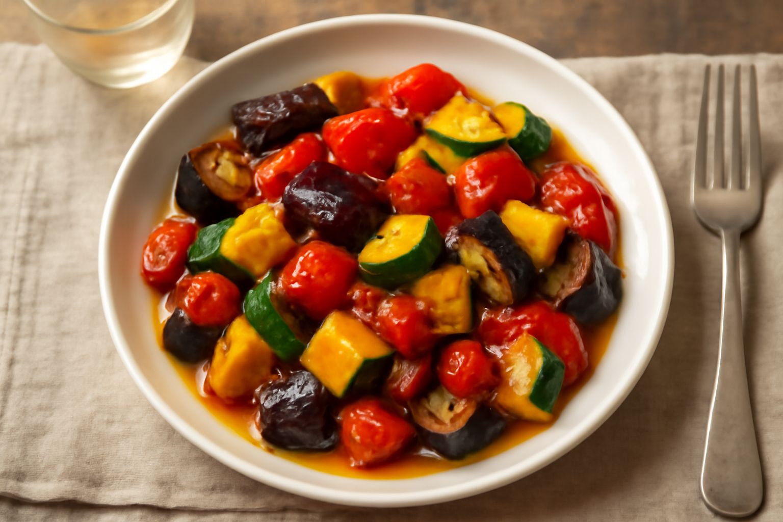 Verdure miste tagliate a dadini e saltate in padella: zucchine verdi, melanzane viola scure, peperoni rossi e gialli, pomodori rossi, aglio dorato, ricoperte di olio lucido, in piatto bianco profondo