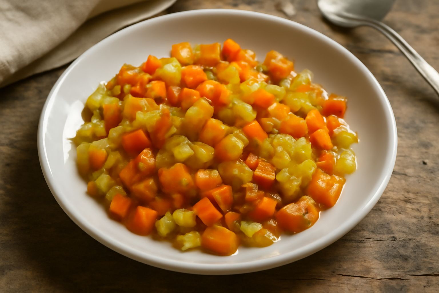 Soffritto dorato in padella: cipolla bionda trasparente, carote arancioni tagliate a dadini, sedano verde; tutto ben rossolato in olio brillante, fondo di acciaio della pentola visibile, fumo leggero,